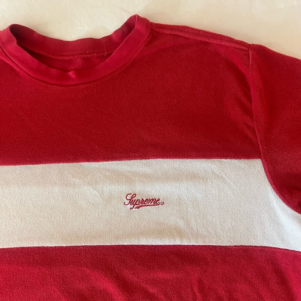 Supreme Chest Stripe Terry Top Red and White “Supreme” Cursive Tee Original XL